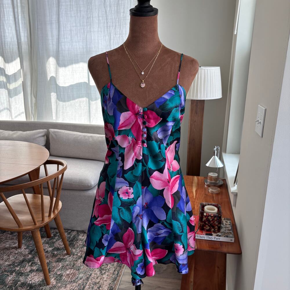 80s Vintage Cacique‎ Lingerie Bold Floral Slip Dress Romper Sleepwear Glam Small